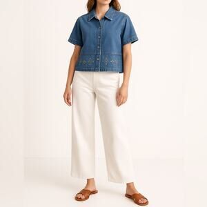 VINTAGE 90s Embellished Denim Boxy Button-Up Shirt | L | Retro Western Boho